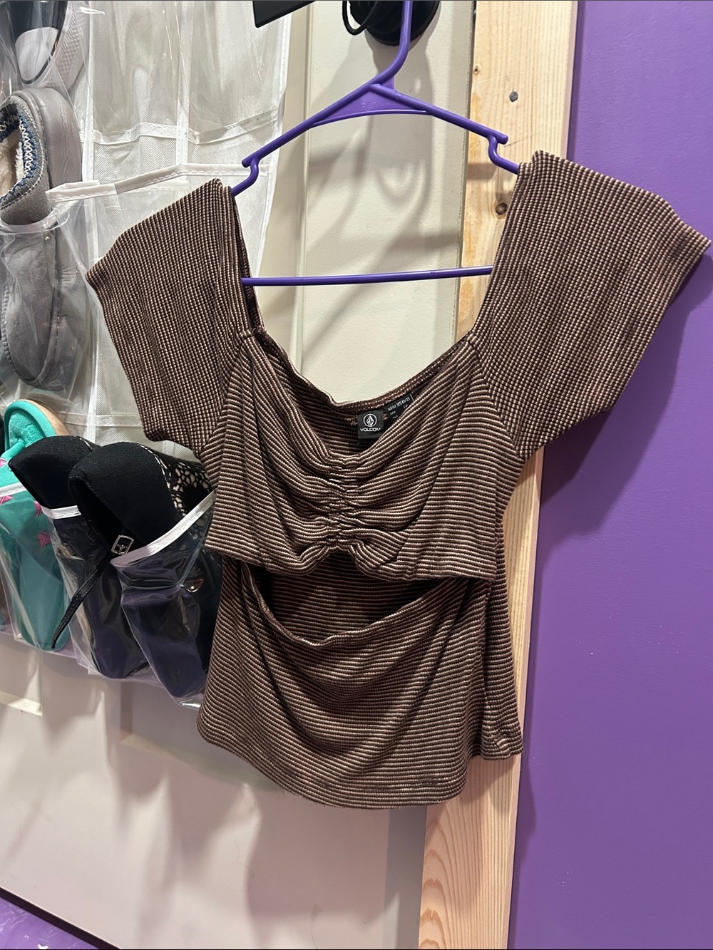 Volcom Brown Striped Ruched Crop Top